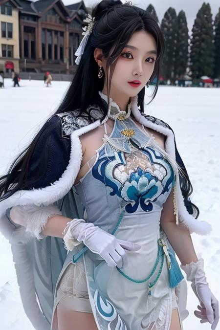 ltra-detailed,highly detailed,best quality,masterpiece,illustration,realistic,photorealistic,
guqinghan,cangyugezhu, 1girl, solo,
chinese clothes, china dress, gloves, fur trim, side slit, cape, shawl,
jewelry, earrings, tassel,
black hair, long hair, hair bun, hair ornament, hair flower,
looking at viewer, upper body, walking,
outdoors, winter, snow, flower,
<lora:guqinghan cangyugezhu_v1_04:0.7>