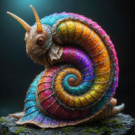 fantasy glowing colorful snail spiral, blinking, highly detailed, photorealistic, complex structure, many details,