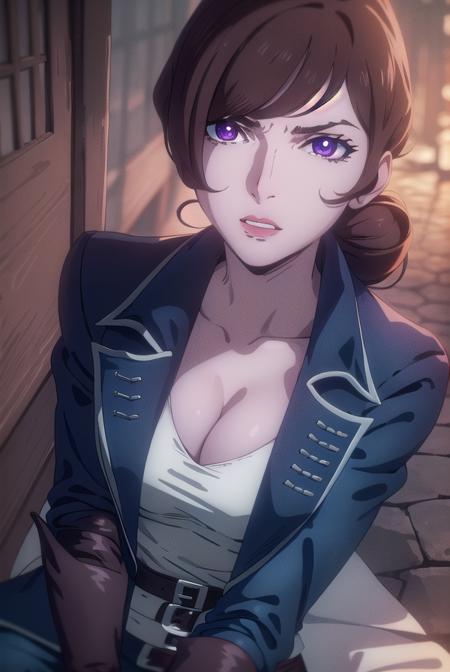 castlevaniajulia, brown hair, (purple eyes:1.1), short hair, hair bun, mole, makeup, single hair bun, lipstick, mole under mouth, red lipstick, shirt, gloves, cleavage, collarbone, jacket, white shirt, choker, black gloves, belt, pants, blue jacket, brown pants,