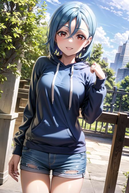 wakana shiki, short hair, blue hair, jewelry, earrings, red eyes