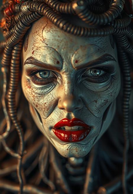 (highres, masterpiece:1.3), SHARP, CRU, HDR, 32K, ultra detailed, realistic, intricated, full body picture of a gorgeous biomechanical zombie realistic woman, red lips, highly detailed and textured, dutch angle, very realistic and impressive, fantastic dramatic color.