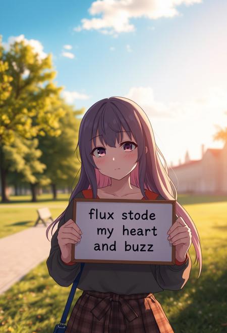 cinematic scenario, on a park, sunny outside, ultrarealistic, beautyfull scene, brooding, cozy lighting, early morning, anime girl holding a sign with text "flux stole my heart and buzz"
