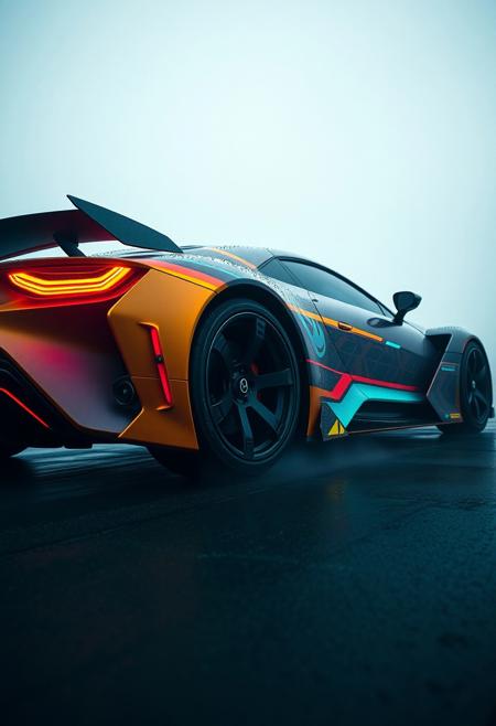 low angle shot, Energetic, rainbow swirl, Frightening, a luxurious car that reflects the high-tech aesthetic of the game, featuring a sleek design with a futuristic look, Kodak Ektar, Agfacolor, foggy atmosphere, highly decorated, complex, polished, epic atmosphere, modified