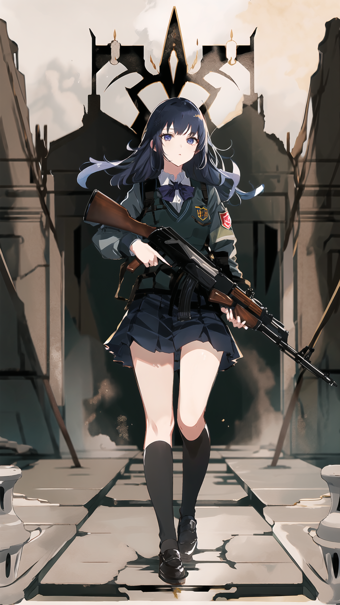 masterpiece, best quality, 1girl, school uniform, armor, tactical clothes, ruins, <lora:bettergunAK47WIP_betaWIP:0.8>, AK-...