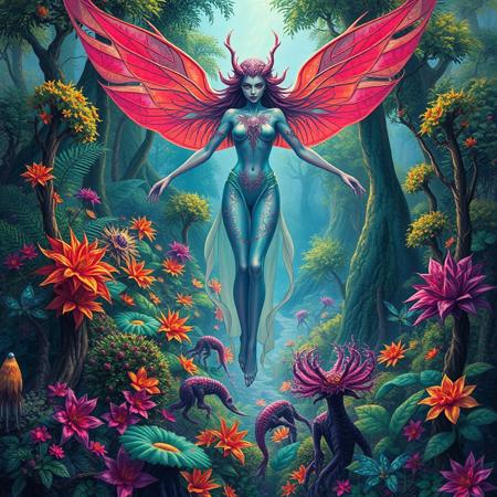 Graceful, elegant female fae entity with chromatic translucent skin hovers above a vivid fantastical forest landscape full of iridescent flora and bizarre dangerous fauna who camouflage themselves as plants and trees. Alien landscape, forest goddess, colorful.