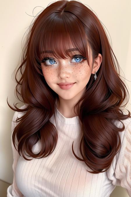 <lora:detail_slider_v4:1>masterpiece, high quality,   <lora:r3tr0r3dd0ll:0.75> r3tr0r3dd0ll, 1girl,long hair,looking at viewer,smile,blue eyes,dark red hair,upper body,wavy hair, bangs, freckles,  <lora:age_slider_v6:1>