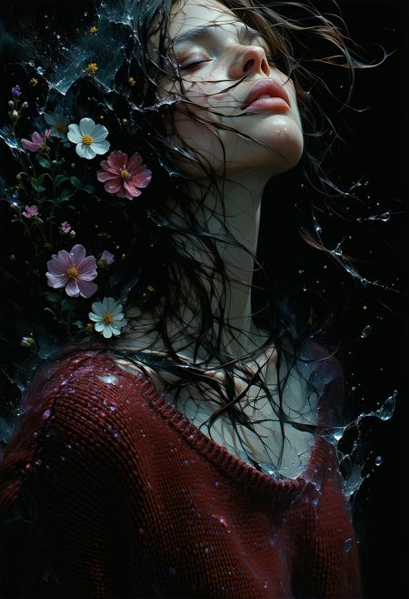 medium portrait, windswept long haired brunette, wildflowers in her hair, alabaster skin, fractured by crystalline sugar highlights, swirling inky chaos, red wool jumper against liquid gloss.
sugar crystallizes on collarbone. mist hugs to her silhouette, dissolving into surreal patterns.

