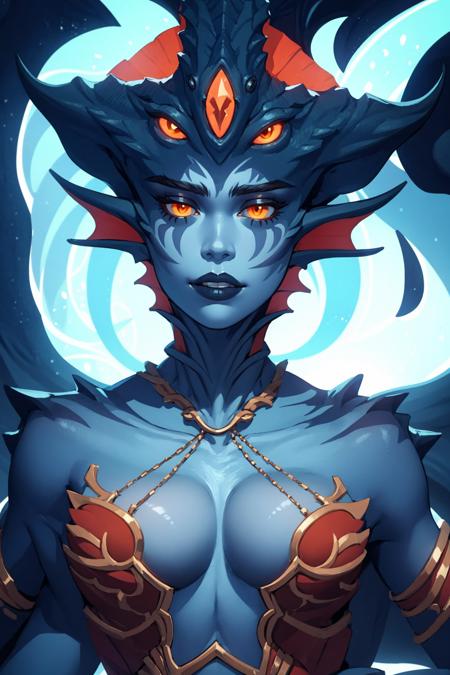 Naga Azshara, colored skin, grey skin, multiple eyes, orange eyes, tentacle hair, jewelry, corset, dark background, full body, octopus lower body, tentacles, multiple hands,