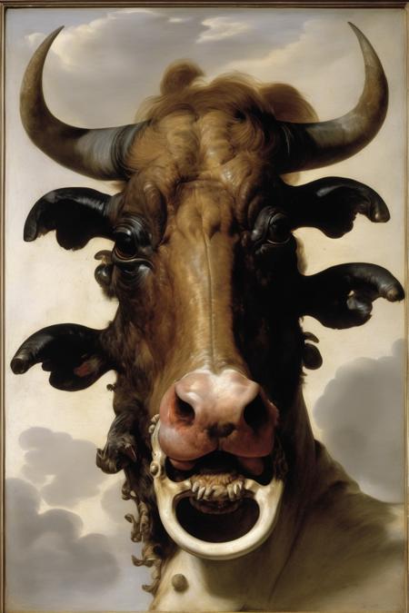 <lora:Willem van Aelst Style:1>Willem van Aelst Style - Ox-Head and Horse-Face with a dog body and holding a bone in its hand