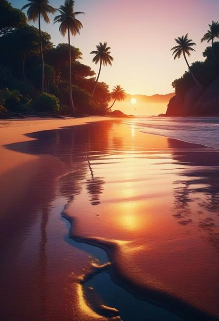 A stunning 8k matte painting of a deserted beach at sunset, showcasing a vibrant blend of deep colors and intricate details. The sunshade on the beach provides a sense of realism, while the reflection of the sun on the sea adds a fantastical element. The beach is surrounded by trees and plants, and the overall atmosphere is serene and immersive, perfect for a splash screen or a concept art piece.