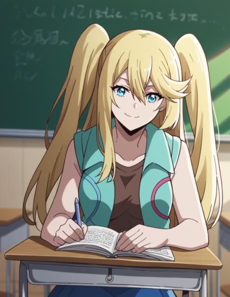 connie christensen, long hair, blue eyes, blonde hair, twintails, two side up, hair between eyes, sidelocks, medium breasts, shirt, brown shirt, jacket, green jacket, sleeveless, skirt, blue skirt