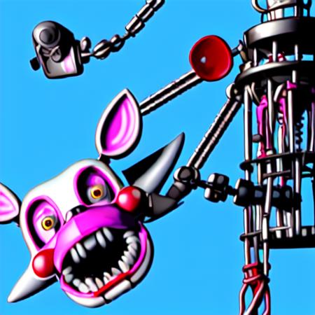 <lora:FNAF:0.75>, (MangleFNAF) FNAF, ToyAnimatronic, animatronic, (fox:1.08), official, yellow eyes, white body, (dangling)