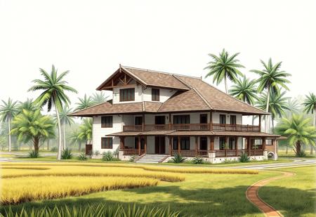 (Ultra-realistic, 32k, Masterpiece, High Quality, Detailed Realistic Background, Official Art, Realistic Lighting, filmfotos).
Sketch design, illustrator art, hyper detail architecture design sketch.
Japandi house, two stories farmhouse, Nearby farmland and garden. Direction connected road. Surrounded by Tropical trees.
60% Primary: Dusty Gray, Taupe.
30% Secondary: Lime Green, Dark Green, Saddle Brown.
10% Accent: Light Salmon, Pale Cyan, Brick Red.