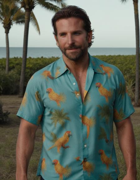 photo of bradley cooper wearing a parrot hawaiian shirt, cinematic lighting, hero pose