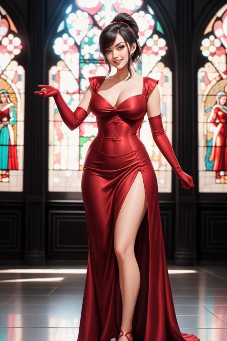 concept art photogenic beautiful adult woman, solo, age 30, (smile), high quality, black high ponytail,  best quality, high detail, 4k, standing, <lora:SatinBallDress:1>, b4lldr3ss, satin red crimson dress, long dress, elbow gloves, grand hall, dance floor, stained glass, reflections, (full body), corset,(bokeh), rim lighting,  . digital artwork, illustrative, painterly, matte painting, highly detailed