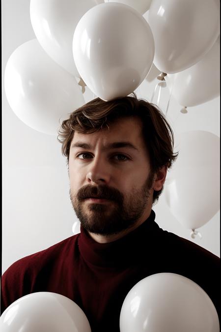 MikeWozniak, fashion portrait photo of handsome bearded man from the 60s wearing a (red turtleneck:1.1) standing in the middle of a ton of (white balloons:1.1), taken on a hasselblad medium format camera <lora:MikeWozniakLora:1>