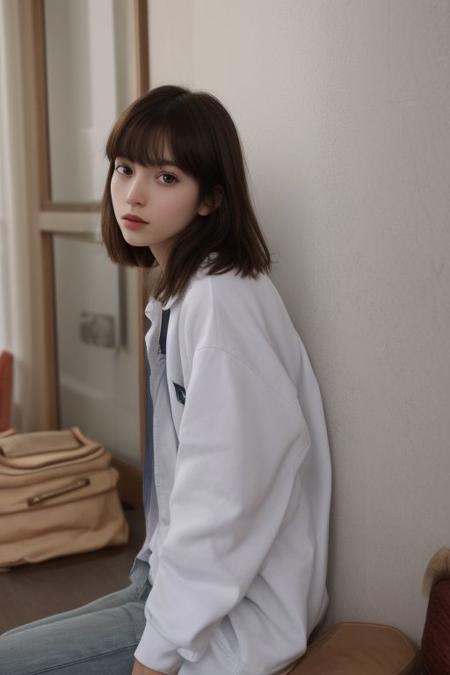 29 yo girl, Korean beauty, short hair, brunette, close-up, girl next door, baggy clothes, night, interior,