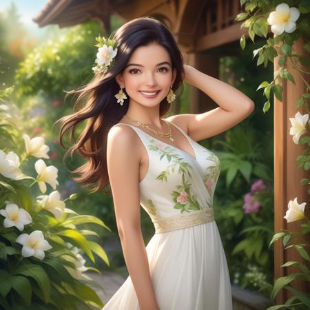 Outdoor portrait of a woman in a lush garden, wearing an elegant white dress adorned with delicate floral embellishments, paired with matching floral jewelry—a necklace and earrings. Her long black hair flows smoothly over her shoulder, complementing her radiant smile and warm expression. The background is softly blurred, featuring vibrant green foliage and a hint of wooden architectural elements, creating a serene and refined atmosphere. The lighting is natural and bright, accentuating her features and the intricate details of her attire in a cheerful and graceful scene.
rolldi, realistic