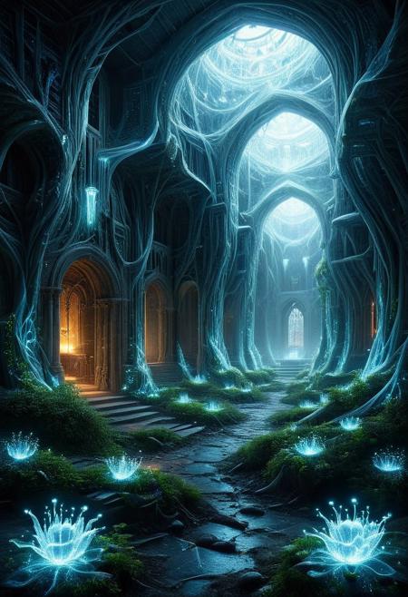steel-vine monastery with nanite-swarm light sources, Industrial carbon-fiber grids, diamond-ice galleries in crystal-mesa badlands, Psionic mind-hive hives style,Landscape Biomechanical Baroque, atmospheric effects
