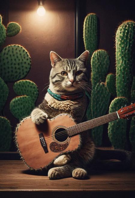 Product photo, a cat as a cowboy, coyboy gear, holding a cactus guitar, dramatic lighting, spotlight, in a bar, detailed, polaroid photo