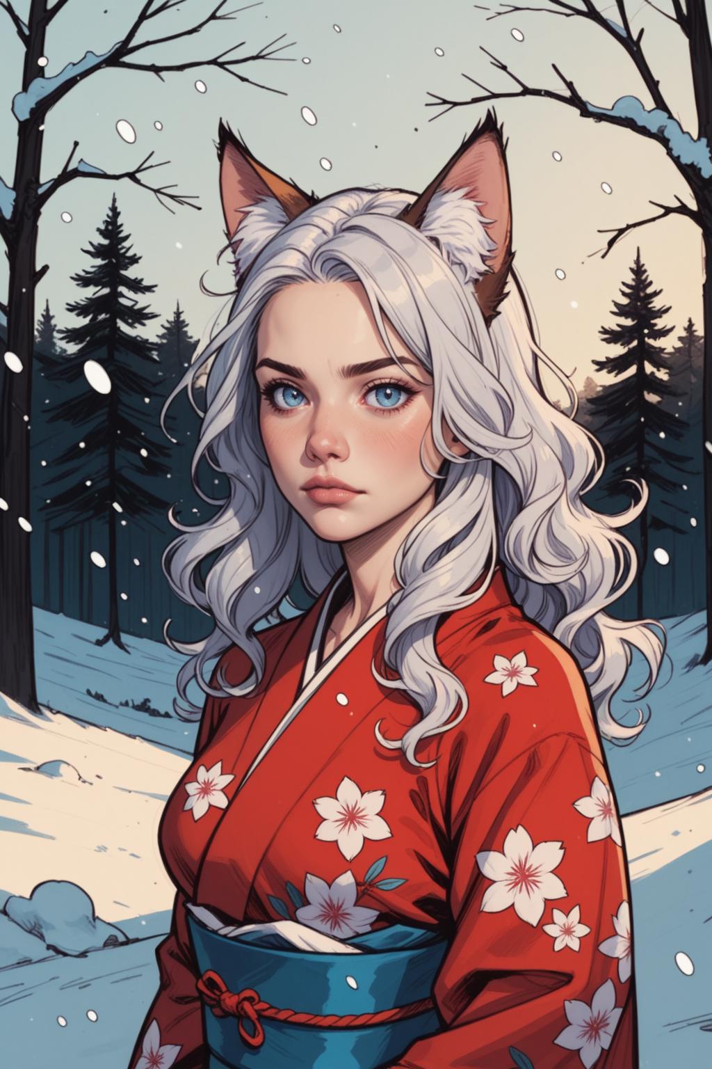 1girl, animal ears, solo, japanese clothes, kimono, long hair, snow, floral print, looking at viewer, blurry, blue eyes, sash, blurry background, upper body, obi, wavy hair, white hair, red kimono, animal ear fluff, snowing, depth of field, outdoors, lips, winter, cat ears, fox ears, closed mouth, print kimono, forest, realistic, blush, nature, eyelashes, forehead, parted bangs, grey hair, curly hair, nose, <lora:Expressive_H:0.5>, score_9, score_8_up, score_8_up, a_Comic_Illustration, rough lines with ink, (drawn:1.1), (sketch:1.5), (crosshatching:1.25), (comic style:1.1), graphic novel style, sharp lines, hires, zstyle, (western comics \(style\):1.1), (hatching \(texture\):1.2), zPDXL, Mr_Monster_Possitive