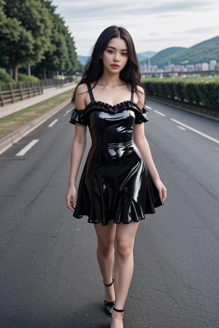 realistic, masterpiece, high detailed skin, looking at viewer, full body shot, scenic view, long hair, black hair
<lora:Latex_ Frock_Dress_By_Stable_Yogi:0.8> black latex, short frock, frills, lace