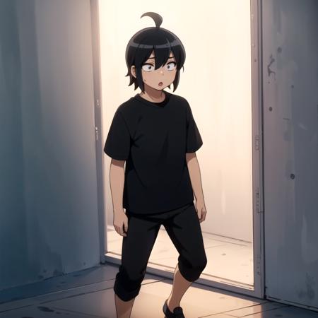 1boy, solo, male focus, black shirt, pants, black hair, black eyes, ahoge,short hair, full body, <lora:Misumi_MakotoAdvanched:0.6>, :o