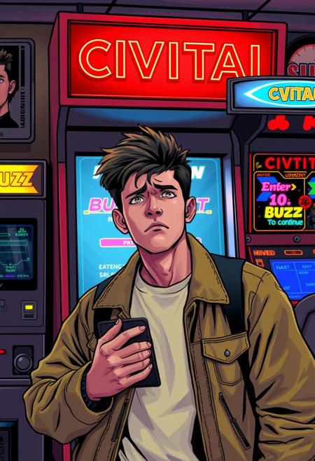 an 18 year old man in the 90s wearing 90s clothes desperate with a worried face looking for money in his empty wallet looking at an arcade with the name "CIVITAI" where the screen says "enter 10 BUZZ to continue"