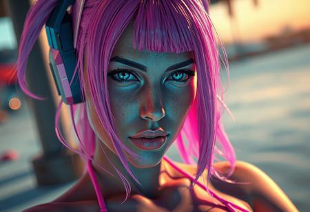 "GTA 6" Artwork style.
Portrait of "Princess Robot Bubblegum" (from Grand Theft Auto Five). 
In  "Micro-bikini beach photo-shoot" aesthetic. 
Life-like details.
Cinematic. 
Dramatic. 
Dynamic. 
Extremely refined lines and and shapes.
Extremely refined details on objects.
Sharp details.
Wide range of colors.
Many details everywhere. Ray-Tracing. Anti-Aliasing. Realistic soft shadows. Low saturation colors. Insane quality. Insane resolution. Insane details. Masterpiece. 32k resolution.
The subject is positioned at least 75 pixels down towards the center. Many details everywhere. Ray-Tracing. Anti-Aliasing. Realistic soft shadows. Low saturation colors. Insane quality. Insane resolution. Insane details. Masterpiece. 32k resolution.