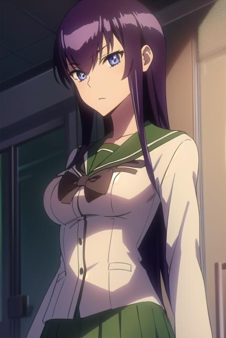 saekobusujima, <lyco:saekobusujima-LYCORIStest:1>,
saeko busujima, long hair, purple hair, (purple eyes:1.1), hair between eyes,
BREAK skirt, long sleeves, bow, school uniform, serafuku, green skirt,
BREAK looking at viewer,
BREAK indoors, classroom,
BREAK <lora:GoodHands-vanilla:1>, (masterpiece:1.2), best quality, high resolution, unity 8k wallpaper, (illustration:0.8), (beautiful detailed eyes:1.6), extremely detailed face, perfect lighting, extremely detailed CG, (perfect hands, perfect anatomy),