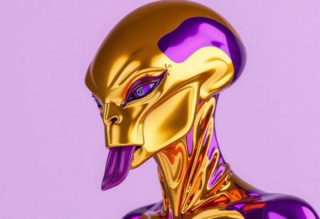 abstract male alien model in latex shiny full body outfit  avant-garde style with reflective gold and purple bold Color Scheme   He has a small nose and slim mouth with a long tongue
