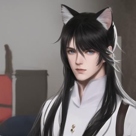 1boy, male focus, solo, long hair, black hair, cat ears, <lora:ImpastoH-000002:0.7>