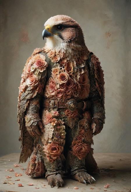 SFW, masterpiece, best quality, dream world, pastel colors, cowboy shot, humanoid, ((Batfalcon is made entirely from colorful tiny flowers)), creature, ((r0535, tiny flower arrangement in the form of a warrior with armor and the head of a peregrine falcon)), BREAK ((roses dungeon)), BREAK beautiful detail, high-quality, no text or watermarks, <lora:BatFalcon:1.5>