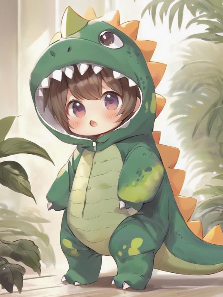 Adorable girl in green dinosaur suit