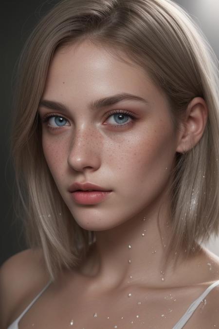 epiCRealism, an outdoor  professional photography of a Norwegian girl with blunt medium length haircut and wet platinum hair, waist up cowboy shot, loose light blue silk camisole with thin straps, light gray eyes, plump glossy wet healthy lips, mouth parted sexily, platinum thin eyebrows, small nose with freckles, petite, slender, fit, perky small breasts, high wind ,vibrant colors, insanely detailed, hyper detailed,  cinematic lighting, high quality, realistic textured skin and skin details,  detailed pupils, cute, highly detailed, RAW photo,  skin pores, skin fuzz,  subsurface scattering, she is provocative and alluring
