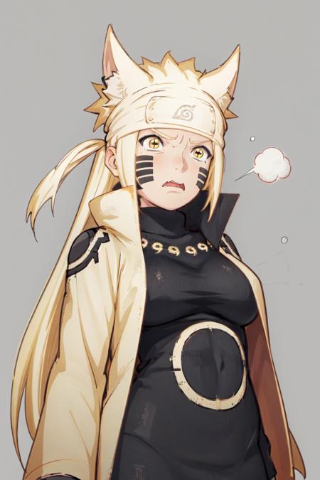 <lora:Naruto_SixPaths:0.95>, Naruto, 1girl, black bodysuit, tomoe \(symbol\), yellow eyes, symbol-shape pupils, gold hair, headband, golden jacket, facial mark, high collar, fingerless gloves, simple background, very long hair, large breasts, blushing, wavy mouth, looking down, surprised, wide-eyed