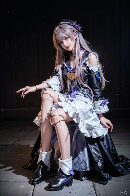 best quality, masterpiece, realistic, (photorealistic:1.4), 1girl, solo, full body, smile, herta cosplay costume, cosplay, long purple hair, doll joints, joints, ankle boots, hat, <lora:herta_cosplay_costume_v1:0.65>