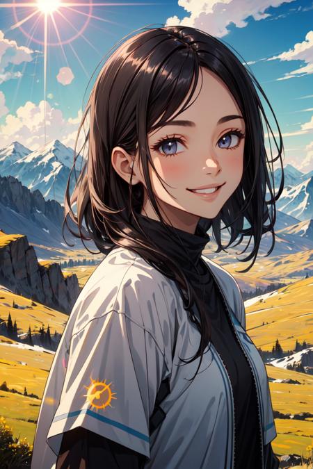 best quality, masterpiece,Dark hair, dark eyes, upper body, sun flare, outdoors, mountain, valley, sky. clouds, smiling,, <lora:more_details:0.3>, <lyco:GoodHands-beta2:0.8>