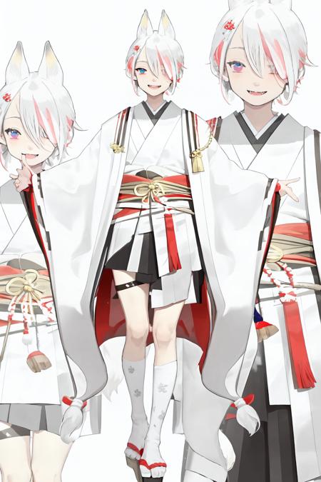 solo, looking at viewer, smile, open mouth, blue eyes, hair ornament, long sleeves, 1boy, white background, animal ears, purple eyes, tail, full body, white hair, male focus, red hair, japanese clothes, wide sleeves, kimono, hair over one eye, streaked hair, fox ears, bell, fox tail, fangs, sandals, otoko no ko, pale skin, jingle bell, androgynous, white kimono, geta, zoom layer, shimenawa,
 <lora:karohroka:1>