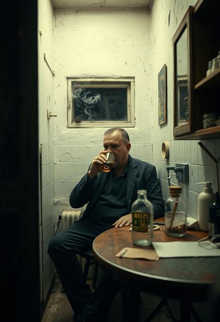 A man drinking alone in a small kitchen, his features stylized into sharp, angular forms, yet the chipped paint, messy table, and cigarette smoke make the scene feel brutally real.raw documentary realism meets structured geometric composition, muted washed-out tones, urban social observation, gritty unfiltered textures, structured yet chaotic everyday life, emotionally detached yet deeply personal