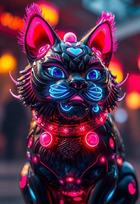 masterpiece, best quality, amazing quality, very aesthetic, high resolution, ultra-detailed, absurdres, newest,  photorealistic details, volumetric lighting, foo dog that's a cat, glowing details, black, blue, and pink coloration
