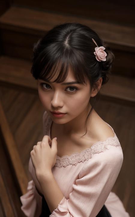 cinematic film still masterpiece, best quality, absurdres, illustration,1girl, solo, blush, looking at viewer, looking up, from above, chinese clothes, pink dress, long sleeves, brown eyes, black hair, bangs, hair bun, outstretched hand,  reaching towards viewer, lips, foreshortening, ribbon, stairs, . shallow depth of field, vignette, highly detailed, high budget, bokeh, cinemascope, moody, epic, gorgeous, film grain, grainy