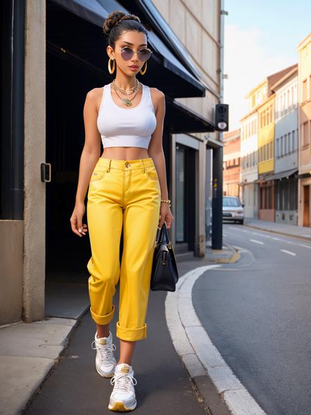 Realistic photo of a beautiful b3ll1h woman, 1girl,breasts,looking at viewer,black hair,navel,jewelry,standing,full body,earrings,outdoors,shoes,sleeveless,solo focus,day,midriff,yellow pants,necklace,bag,hair bun,blurry,lips,crop top,blurry background,sunglasses,white footwear,tank top,ground vehicle,sneakers,walking,realistic,road,tinted eyewear,bicycle,very dark skin,photo background,dreadlocks, soft lighting, professional Photography, Photorealistic, detailed, RAW, analog, sharp focus, 8k, HD, high quality, masterpiece<lora:b3ll1h:1.0>