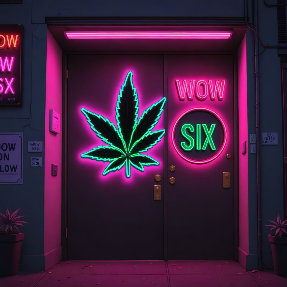 A door with cannabis leaf motif, neon sign reads "(WoW six)" in (bold text:1.35) above the leaf,