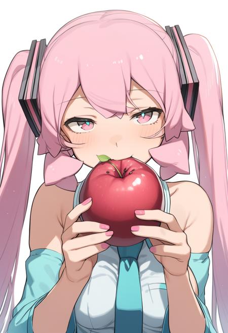 1girl, style:abmayo, hatsune miku, bare shoulders, breasts, detached sleeves, eating, food, food in mouth, fruit, green ribbon, hair ornament, hair ribbon, holding, holding food, holding fruit, long hair, looking at viewer, medium breasts, nail polish, necktie, pink eyes, pink hair, pink nails, ribbon, shirt, solo, twintails, upper body, masterpiece, best quality, <lora:Style - abmayo - v1 - bionagato:1>