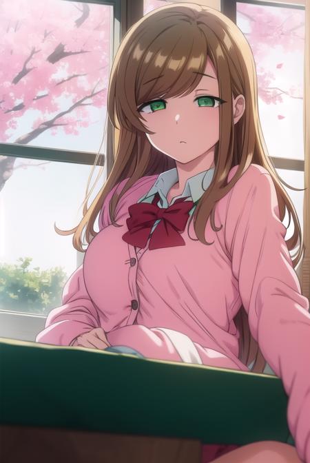 minakosanada, <lyco:minakosanada-lyco-nochekaiser:1>, 
minako sanada, long hair, brown hair, (green eyes:1.5),
BREAK long sleeves, bow, school uniform, bowtie, red bow, cardigan, pink cardigan,
BREAK looking at viewer,
BREAK indoors, classroom,
BREAK <lora:GoodHands-vanilla:1>, (masterpiece:1.2), best quality, high resolution, unity 8k wallpaper, (illustration:0.8), (beautiful detailed eyes:1.6), extremely detailed face, perfect lighting, extremely detailed CG, (perfect hands, perfect anatomy),