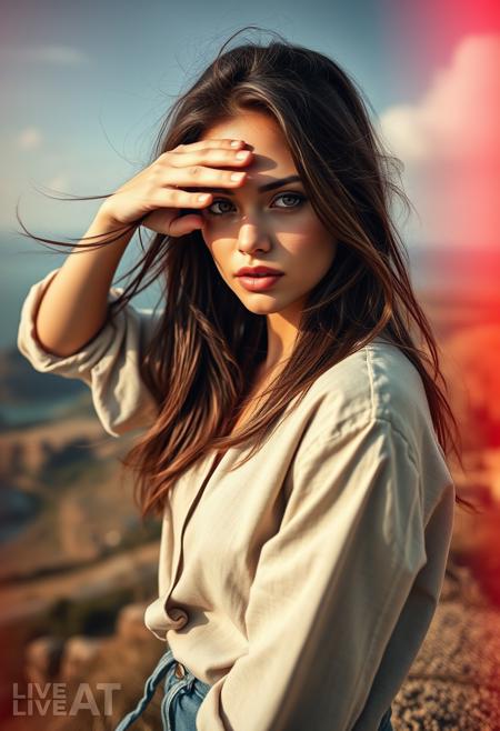 A breathtaking 22-year-old brunette supermodel with strikingly complex irises gazes intently at the viewer, her wind-swept hair framing delicate features. Dressed in a loose linen shirt and denim shorts, she shields her eyes from the sun, peering into the distance. The composition, captured at a Dutch angle, features stunning scenery in the background, enhanced by cinematic lighting and volumetric effects. The foreground and background are artistically blurred, with chromatic aberration adding depth and intrigue.