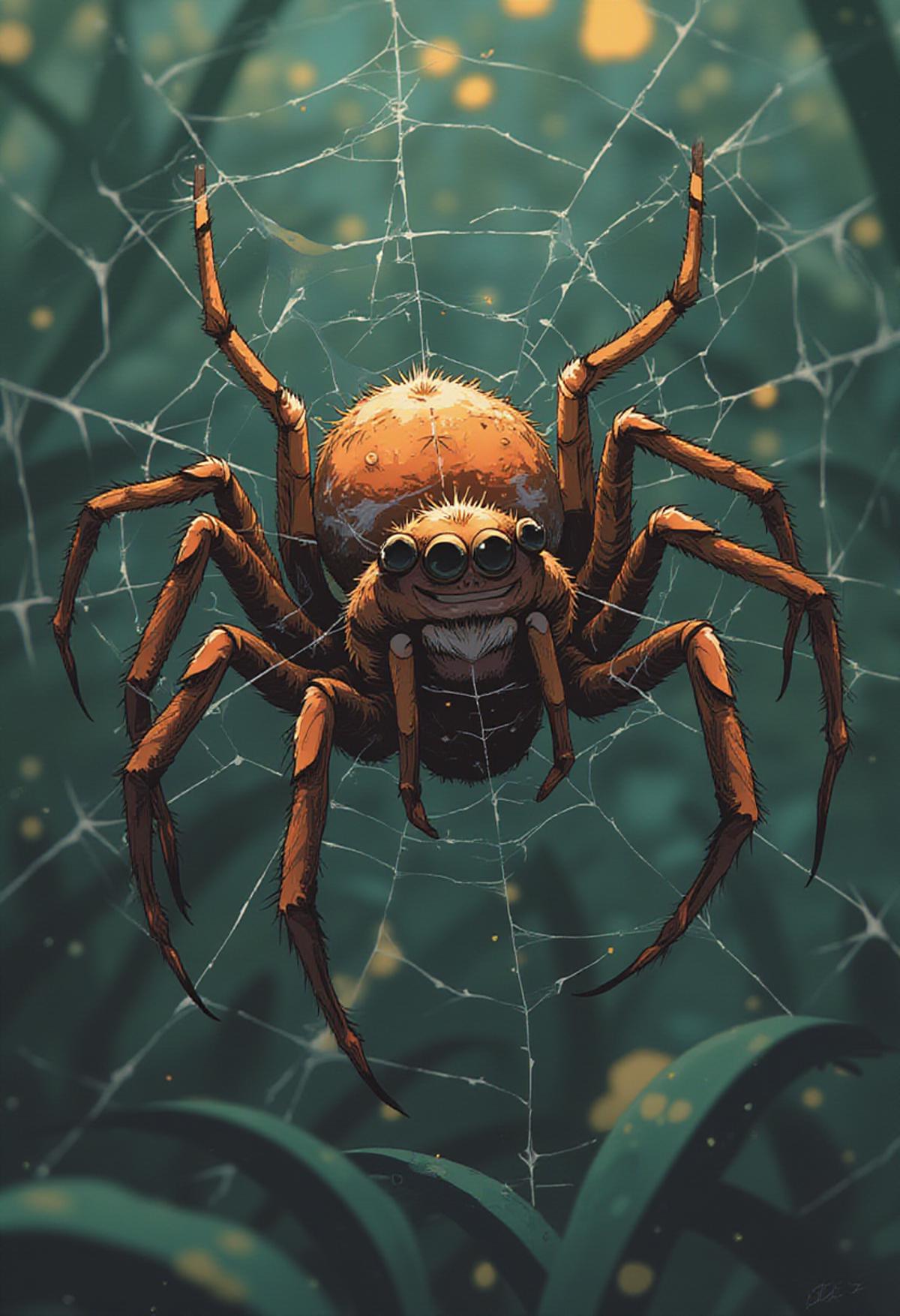 cute spider  tangled in it's own web,  resignation,   artistic concept art with fine  brush strokes,     <lora:MJanime_flux_lora_v1:.8>