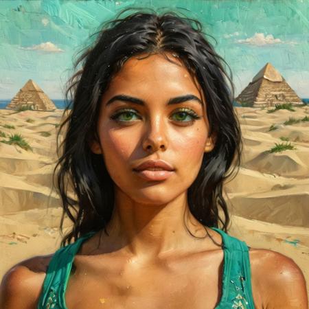 A close-up oil painting portrait of a woman style-hamunaptra with long black hair, tanned olive skin and detailed green eyes, wearing a cut-off top decorated with turquoise and gold. Face focus, Sensual, hot, sexy, mid breasts. a zentangle background made of sand dunes and pyramids and sun rays. Ultra detailed highest quality, deep shadows ray tracing.
