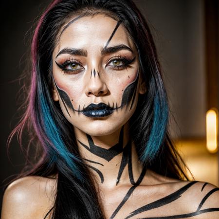  RAW photo, subject, 8k uhd, dslr, soft lighting, high quality, film grain, Fujifilm XT3,Ultra-detailed, Close-up portrait of a asian woman with striking symmetrical skull makeup.  One side of her face is painted in detailed black and white skull design, featuring intricate bone structure and teeth.  The other side of her face is a natural, light complexion.  Her light pink hair cascades around her shoulders.  Her expression is neutral and captivating,  with a subtly intense gaze.  She wears striking, vibrant, red lipstick, adding to the artistic appeal of the makeup.  The light-colored contact lenses with swirling designs further accentuate the unique artwork.  A small nose ring enhances the facial features.  The composition is centered, highlighting the dramatic contrast between the painted and natural sides of her face.  Soft, diffused lighting emphasizes the texture of the makeup and the subtle play of light on her skin.  The background is out of focus, suggesting a studio setting, with blurred soft light patterns.  The overall atmosphere is artistic and dramatic, evoking a feeling of both beauty and a Halloween-inspired theme.  Makeup style is dramatic, artistic, and detailed , blue hair 